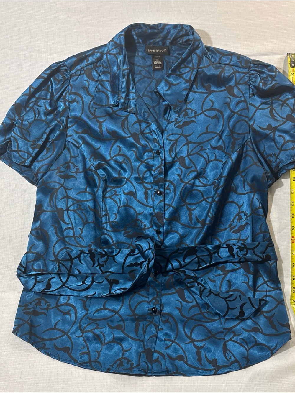 Lane Bryant Nylon Button Down Top Blue & Black Vibe Pattern 14/16 Tie Waist